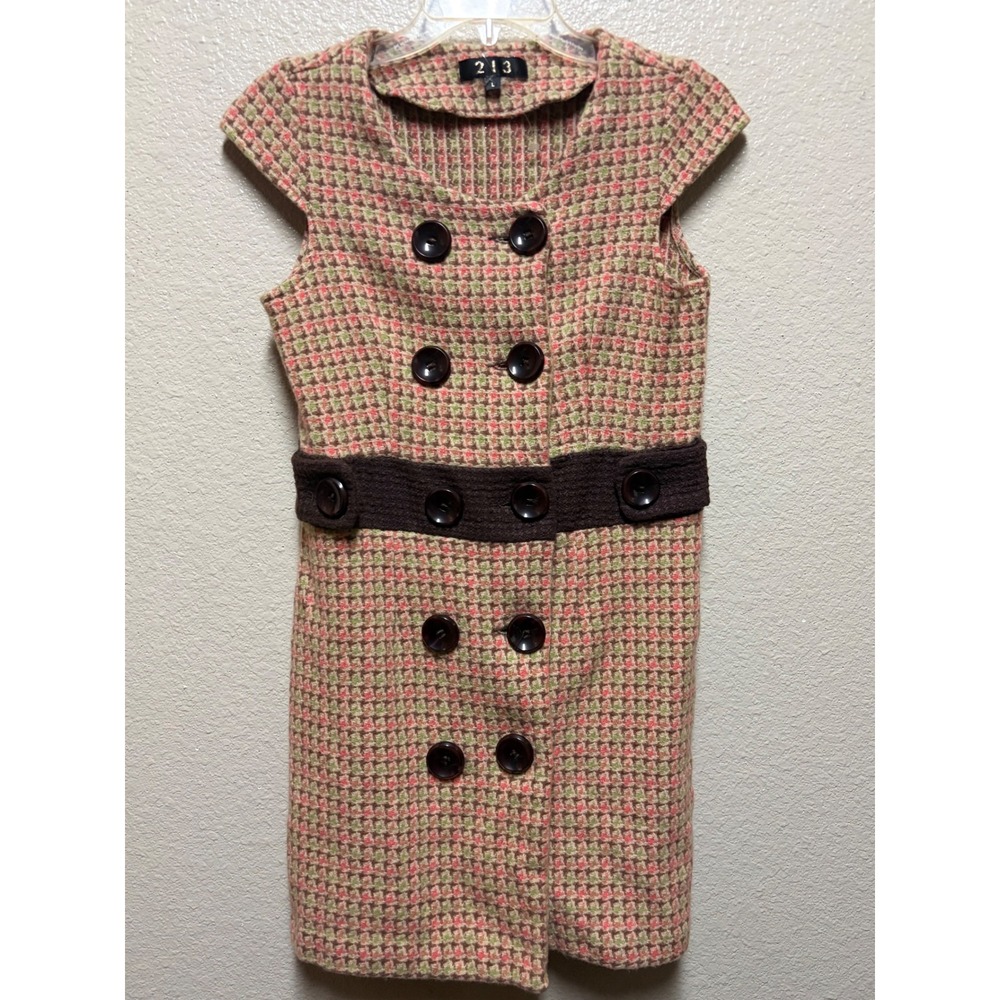 213 Wool Blend Tweed Double Breasted Mini Dress Pink Green Brown MD-574-1 L